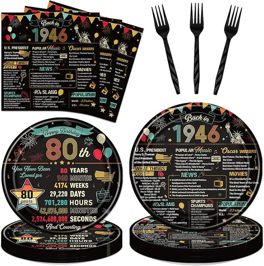 80th Birthday Plates and Napkins, 96PCS 80th Birthday Party Decorations Supplies for Women Men, Vintage Back in 1946 Cheers to 80 Years Disposable Tableware Set Serve 24