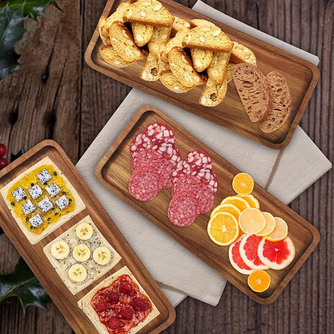 GNIEMCKIN Wooden Serving Platter, 11.8 x 5.1 Inch, Set of 5, Acacia Wood Tray, Perfect for Serving Charcuterie, Desserts, Dips, Sushi, Parties, Family Gatherings, Weddings, and Home Decor