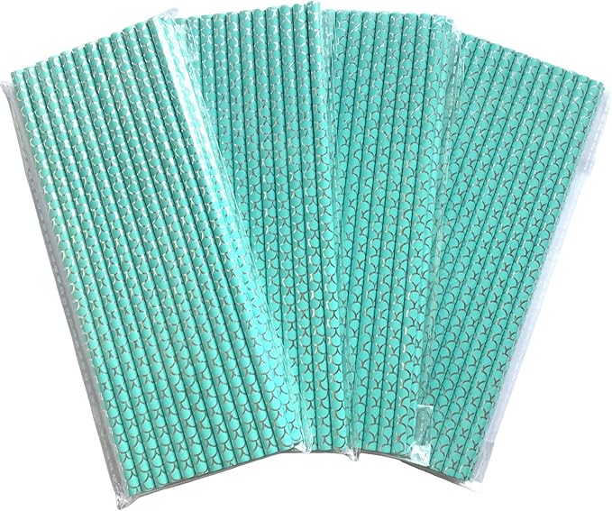 100 pcs Under The Sea Party Paper Straws, Aqua Mermaid Fish Silver Foil Scale Drinking Straws, Kids Birthday Baby Shower Ocean Beach Pool Tropical Summer Hawaiian Cake Pop Sticks (Aqua With Scale)