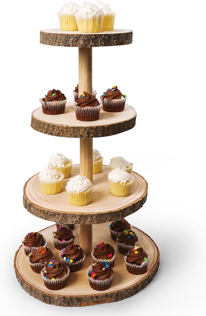 Wooden 4 Tier Rustic Cupcake Stand, Great for Wedding Cake Wood Display Tiered Centerpiece, Dessert Tower for Parties & Events