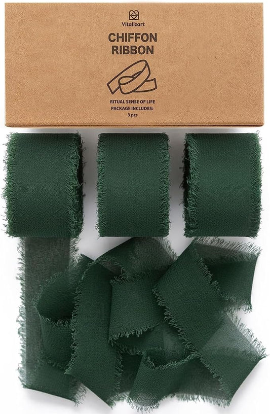 Vitalizart Dark Green Chiffon Silk Ribbon 1" x 21 Yd Fringe Fabric Package (3 Rolls * 7 Yd) for Wedding Invitations Bridal Bouquets Decorations Gifts Wrapping & Bow Making