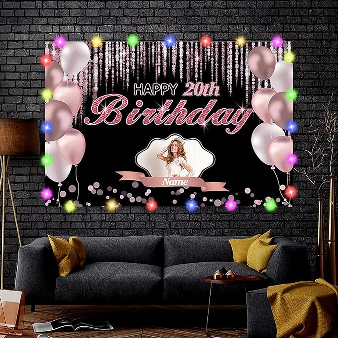 Custom Rose Gold Happy Birthday Banner, Personalized Pink Birthday Banner for Women