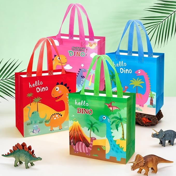 Pinsit 40 PCS Colorful Dinosaur Party Favor Bags, Non Woven Dinosaur Goodie Bags, Dinosaur Themed Reusable Gift Bags with Handles for Boys Girls Birthday Baby Shower Party Supplies