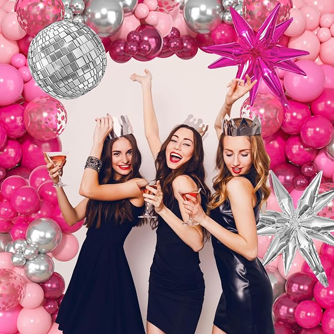 145Pcs Princess Pink and Silver Valentines Balloon Garland Arch Kit, Hot Pink Confetti 4D Star Disco Ball Crown Balloons for Girls Women Bridal Baby Shower Makeup Bachelorette Birthday Party Decors