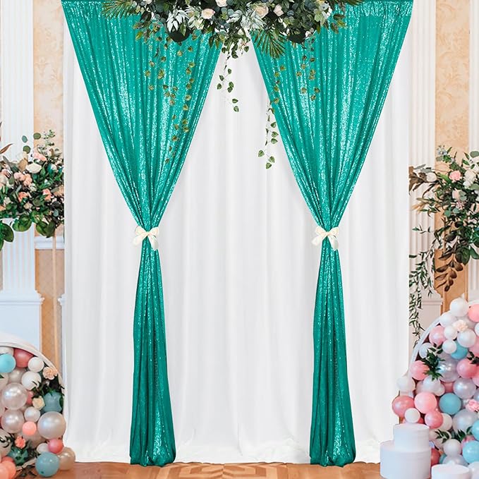 ShinyBeauty Sequin Curtains 2 Panels 2FTx8FT Teal Glitter Curtain Backdrop Party Background Drapes for Wedding Christmas New Year (2FTx8FTx2PC, Teal)