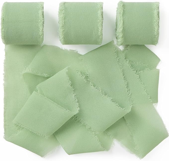 Sage Green Chiffon Ribbon 1.5" x 21 Yd Handmade Fringe Silk Chiffon Fabric Ribbon for Gift Wrapping Wedding Invitation Bridal Flower Bouquet DIY Crafts Home Decor
