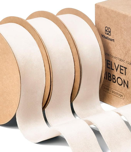 Vitalizart White Velvet Ribbon 1 Inch Double Faced for Christmas Ornaments Gift Wrapping 15 Yards Wreath Decoration Bows Making Holiday Crafts Cream Ivory