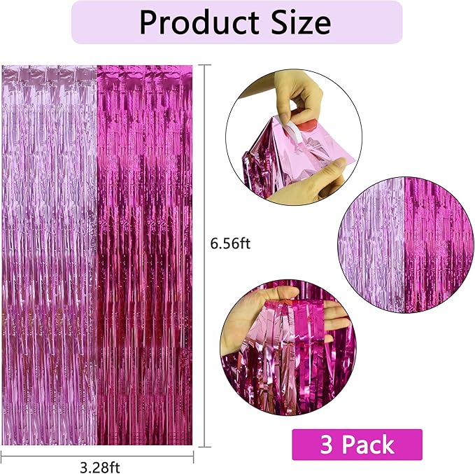 BEISHIDA 3Pcs Hot Pink Door Streamer Colorful Hot Pink Colour Scheme Backdrop Foil Fringe Tinsel Curtains Hot Girls Mean Girls Backdrops for Birthday Valentines's Day Decoration (3.28 ft x 6.56 ft)