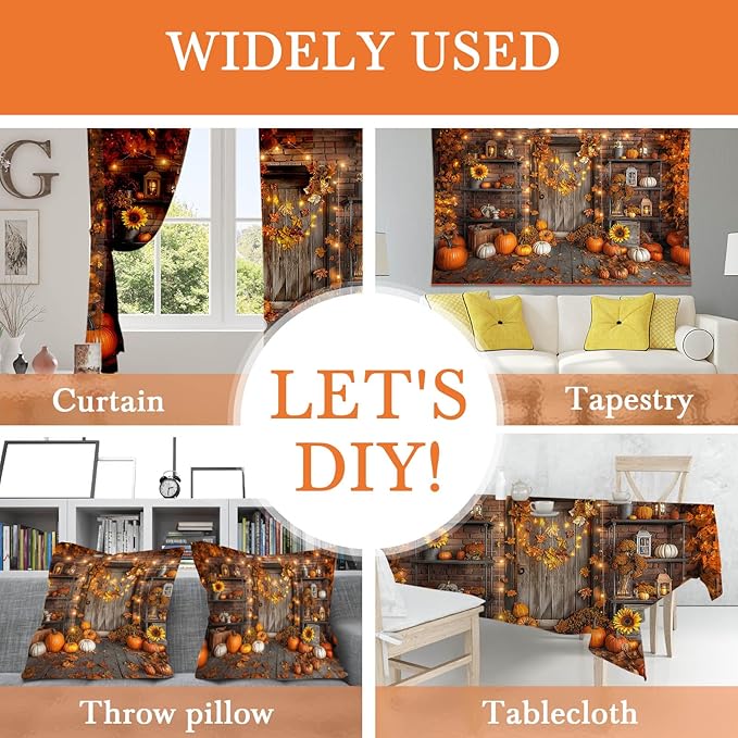 Mocsicka Fall Pumpkin Photography Backdrop Autumn Harvest Barn Background Party Decorations Maple Leaves Rustic Wooden Door Photo Booth Props (Orange, 10x7ft(120"x82"))