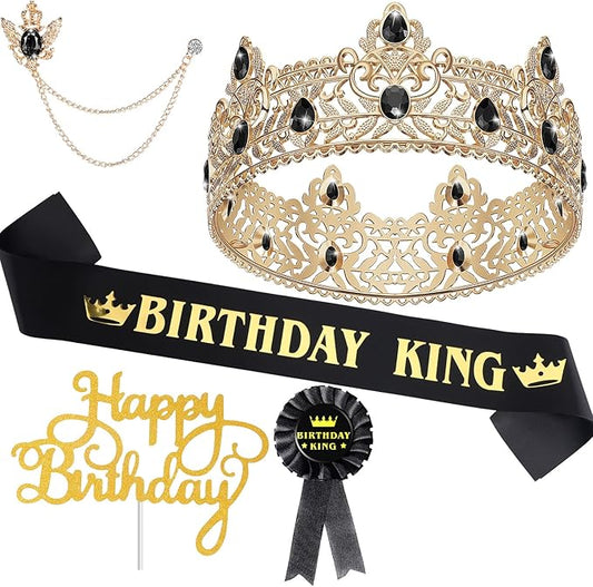 Junkin 5 Pieces Birthday Man Accessories Include King Crown King Sash Tinplate Badge Pin Brooch Hanging Chain Crown for Man Birthday Party (Vivid Style,Small)