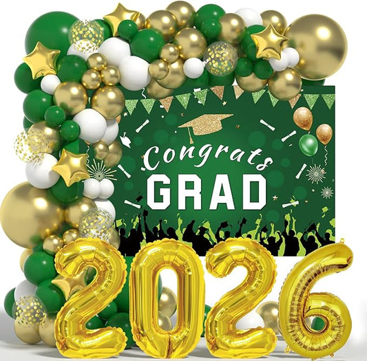 Graduation Decorations Class Of 2026: Green and Gold 2026 Graduation Decorations Balloon Arch Kit Congrats Grad Backdrop 136PCS Party Supplies for High School & College Celebrations