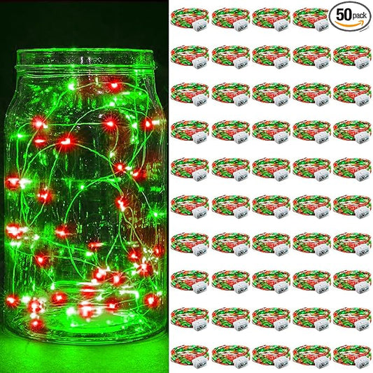 50 Pack Fairy Lights 7Ft 20 LED Twinkle String Lights 3 Modes Battery Operated Waterproof Firefly Starry for Mason Jar Party Wedding Christmas Valentines Day Table Centerpieces,Red&Green