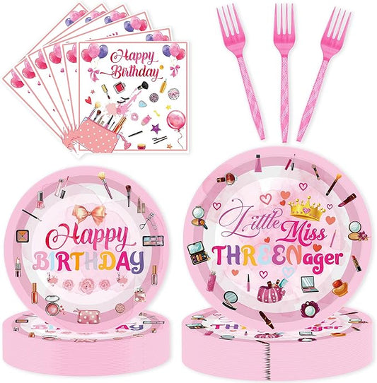 96 Pcs Little Miss Threenager Birthday Decorations, Pink 3rd Birthday Makeup Theme Plates Napkins Forks for 24 Guests, Girls 3 Year Old Tableware Party Supplies Set