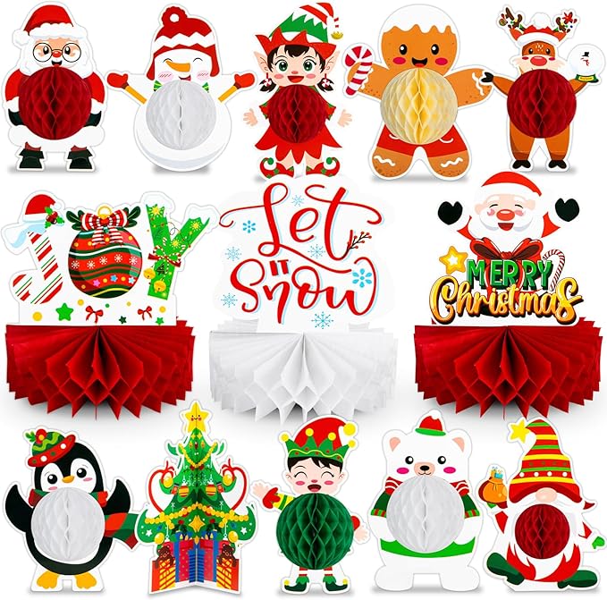 13PCS Christmas Party Decorations, Christmas Honeycomb Centerpieces For Tables, Xmas 3D Table Decorations with Santa Claus Snowman for Merry Christmas Party Supplies Indoor Home Holiday Sign
