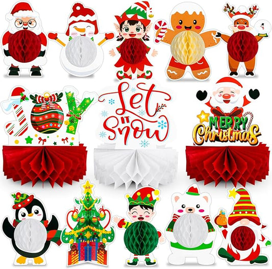 13PCS Christmas Party Decorations, Christmas Honeycomb Centerpieces For Tables, Xmas 3D Table Decorations with Santa Claus Snowman for Merry Christmas Party Supplies Indoor Home Holiday Sign