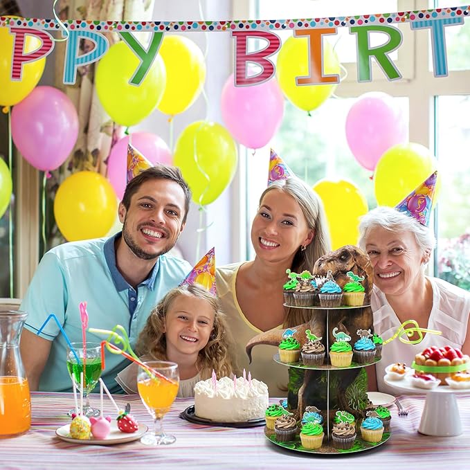 Censen 3 Tier Dinosaur Cupcake Stand Party Decorations Dinosaur Theme Cupcake Holder Decorations Dino Dessert Tower for Kids Dino Jungle Theme Party Birthday Supplies(Classic)