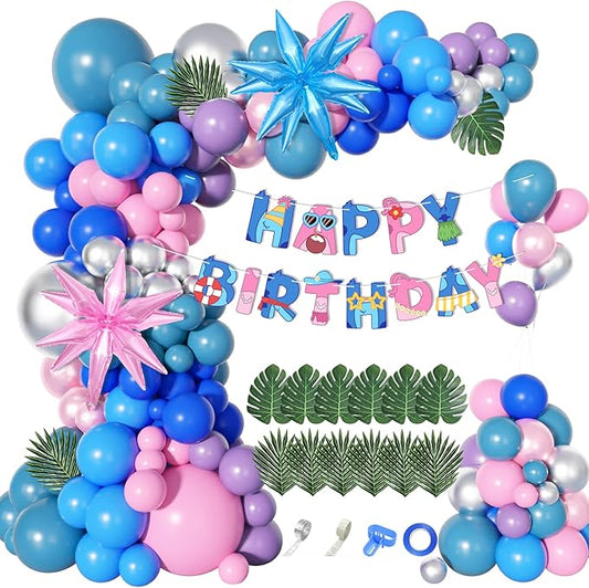 Ouddy Life 160Pcs Pink and Blue Balloons Arch Kit Purple Metallic Silver Star Foil Balloon Happy Birthday Banner Palm Leaves for Birthday Hawaii Tropical Summer Baby Shower Cartoon Party Decorations