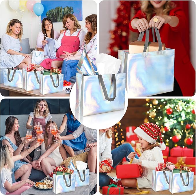 GouZaak 30 Pack Iridescent Gift Bags, Holographic Reusable Gift Bags With Dark Handles And 2 Style Tissue Paper, 13 x 5 x 11 Inch Large Size, Iridescent Party Favor For Wedding Birthday Holiday