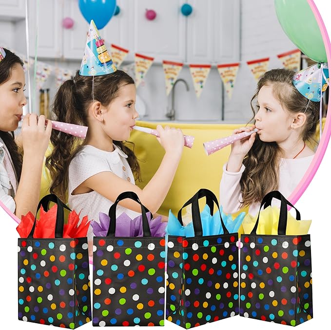 BLEWINDZ 16Pcs Reusable Gift Bags with Tissues - Black Medium Rainbow Polka Dot Party Favor Bags for Christmas, Birthday, Baby Shower, Grocery Shopping, Wedding