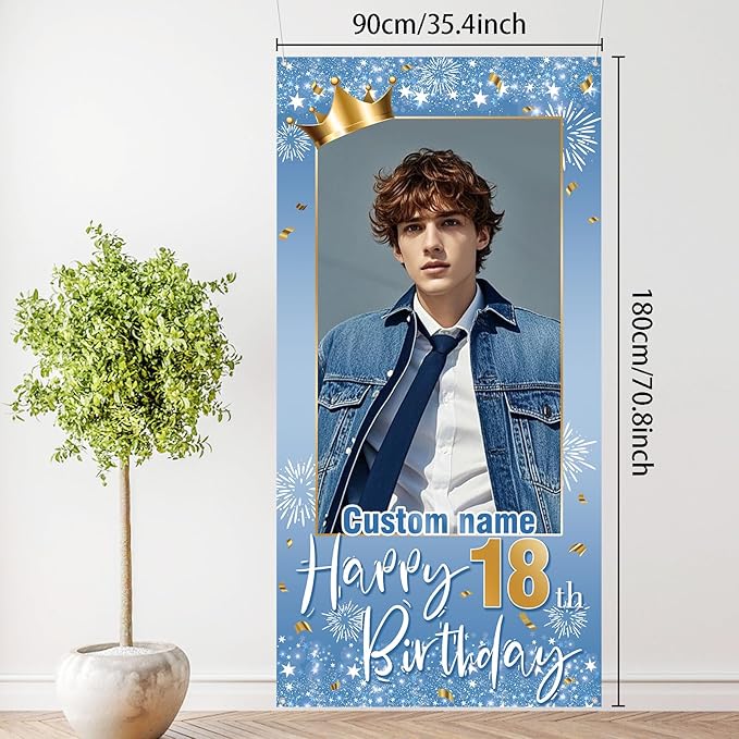 Personalized Happy Birthday Door Banner with Photo Custom Name Birthday Decorations Party Supplies for Women Men (Blue and Gold)
