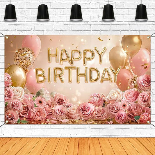 Mocsicka Rose Gold Birthday Backdrop Pink Balloon Floral Decorations for Women Girls Gold Anniversary Party Photography Background (Rose Gold, 70.8 x 43.3 Inch)