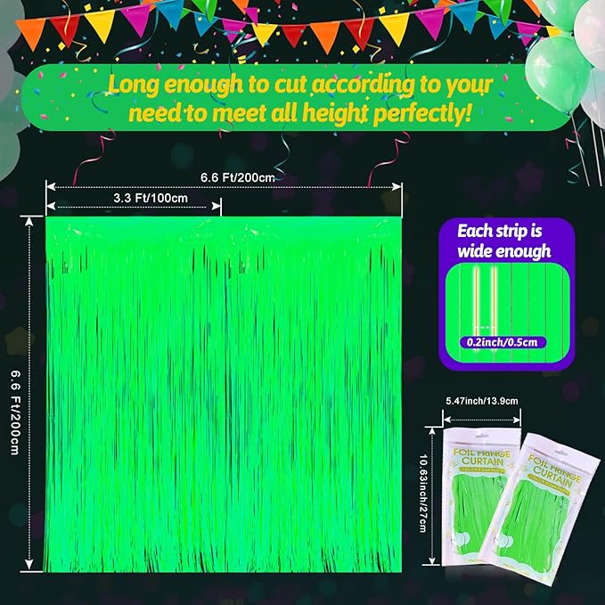 Glow in The Dark Party Supplies 2 Pack Neon Party Decorations Fluorescent Tinsel Foil Fringe Curtains Photo Booth Prop Backdrop Streamer Blacklight Decorations (Neon Green)