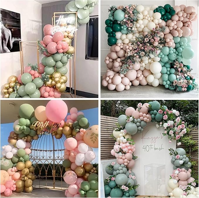 HILAVO Pink and Green Balloons Retro Sage Green Pink Metallic Gold Confetti Balloons Olive Green Gold Pink Beige Latex Balloon for Easter Jungle Safari Christmas Woodland Birthday Party Decorations