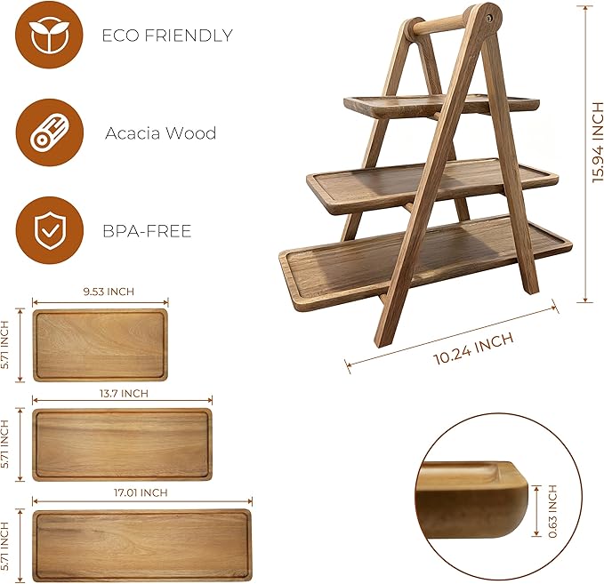 Acacia Wood 3 Tier Foldable Serving Tray – Rectangular Farmhouse Stand for Charcuterie Board, Cupcake, Dessert, Party Wedding Decor, Small Flower Pot Display, Easy Storage