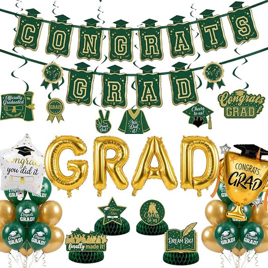 Green Gold Balloons GRAD Print Balloons with Banner Table Honeycomb Centerpieces Hanging Swirl trophy star GRAD Letters Mylar Balloons for 2026 graduate Prom Decorations