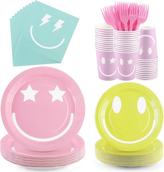 Kochorie 144 Pcs Preppy Smile Party Tableware Supplies, Disposable Paper Plates Napkins Cups Forks Set, Serves 24 Guests for Smile Face Theme Baby Shower Birthday Party Decorations