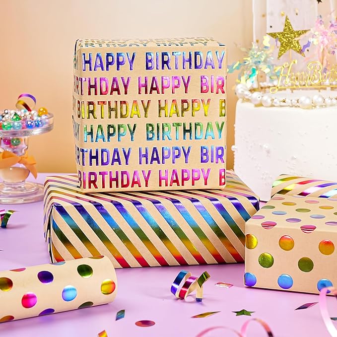WRAPAHOLIC Kraft Birthday Wrapping Paper Roll - 3 Mini Rolls - 17 Inch x 120 Inch Per Roll - Rainbow Foi Happy Birthday Wrapping Paper for Boys Girls Kids, Baby Shower