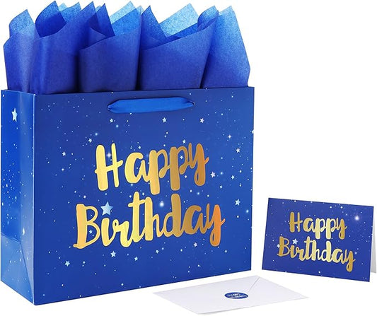 Qirrmiy 13" Large Blue Gift Bag Set with Greeting Card and Tissue Papers (Stars and Gold Foil‘Happy Birthday’) for Men's or Boys, Girls or Kids, Baby, Husband, Father