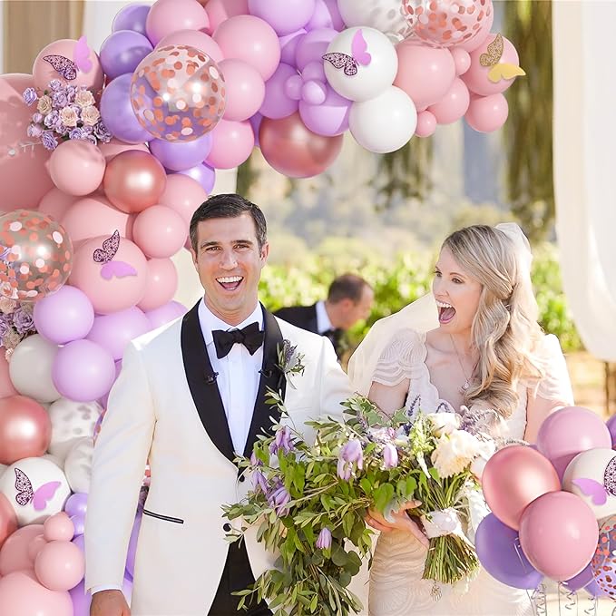 151PCS Pink Balloon Garland Arch Kit Rose Gold White Pink and Purple Balloons Confetti Latex Balloons Butterfly Stickers Decorations for Birthday Party Wedding Baby Bridal Shower Decorations