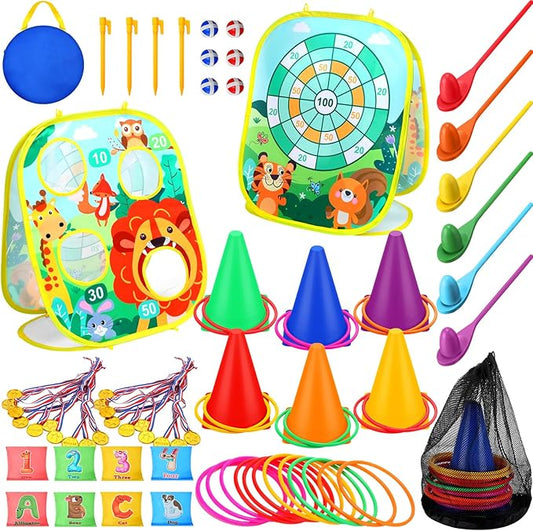 Yunsailing 63 Pcs Carnival Outdoor Games Set for Kids Include Animal Bean Bag Toss Plastic Cones Ring Toss Egg and Spoon Race, Field Yard Lawn Outdoor Game, Gift for Birthday Party