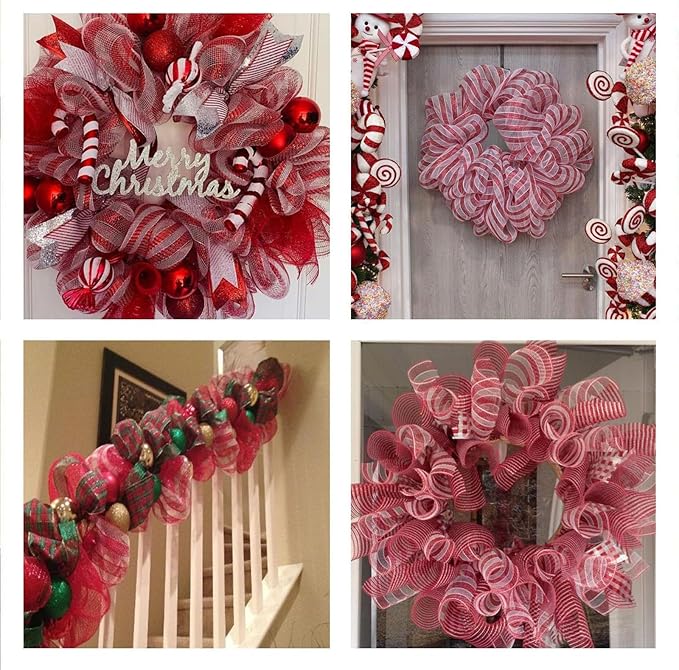 5 Rolls Christmas Mesh Ribbon for Wreath, 10 Inch x 30FT Per Roll Metallic Foil Deco Mesh Rolls Red White Ball Stripe Decorative Mesh for Christmas Tree Winter Holiday Wreath Party Decor
