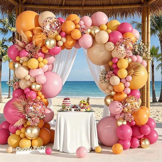 Ouddy Party 149Pcs Pink and Orange Balloon Garland Kit Different Sizes 18 12 10 5Inch, 6Pcs 18” Hot Pink Peach Metallic Gold Balloons for Summer Tropical Baby Shower Wedding Birthday Party Decor