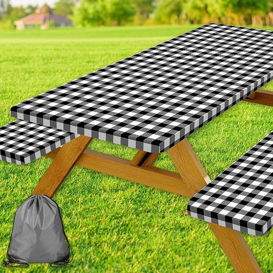 Picnic Table Cover with Bench Covers, Black and White Checkered Waterproof and Windproof, Fitted Tablecloth Cover with Elastic Edge, for Outdoor, Garden, Camping, 3 Pieces Set, 30x72 Inch