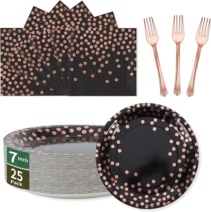 Black and Rose Gold Paper Plates and Napkins Party Supplies,25 x 7''Dessert Plates & 25 x 6.5''Napkins & 25 x 6.3''Forks,Disposable Paper Tableware Set for Birthday,Anniversary,Retirement(Serve 25)
