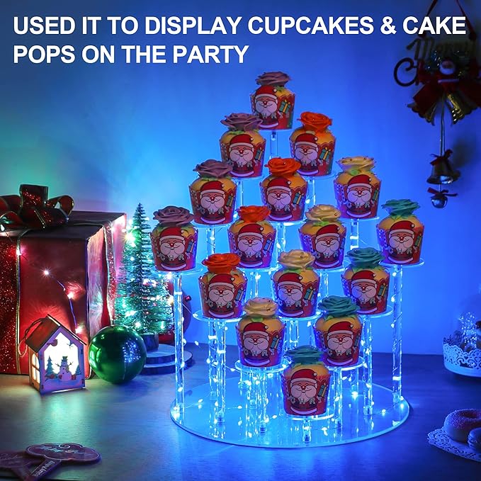 Cupcake Stand with Lights, Blue Cupcake Tower Stand for 16 Cupcakes, Acrylic Cupcake Display Stands for Parties and Dessert Table, Clear Cupcake Holder for Small Collections.