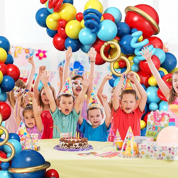 Jobkoo 127 PCS Red Blue Yellow Balloon Garland Arch Kit Cartoon Primary Color Balloons with Gold Circle for Cartoon Theme Carnival Circus Baby Shower Birthday Party Decorations