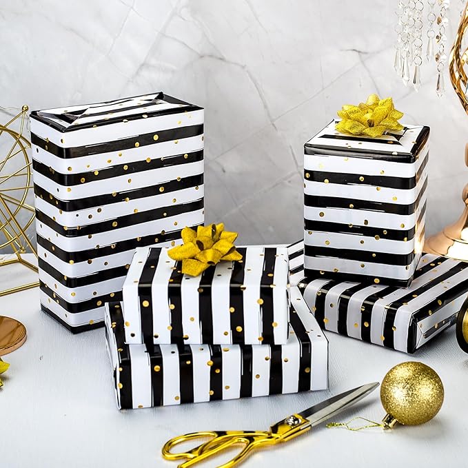 MAYPLUSS Stripe Wrapping Paper, Black and White Striped Wrapping Paper, Chic Black & White Stripes with Gold Speckles Birthday Gift Wrap for Father's Day, Graduations, Christmas (17 Inch X 33 Feet)