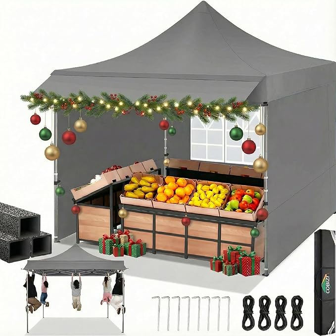COBIZI 10x10 Pop Up Canopy Tent Heavy Duty with Sidewalls, Outdoor Commercial Canopy with Awning, Waterproof&23 SF Extended Awning, Vendor Tent for Market, Party Events, Grey