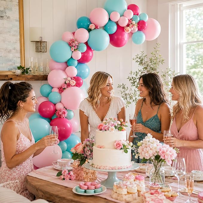 Teal and Pink Balloons, 60PCS Teal Pink Balloon Set, 12 Inch Blue Rose Red White Latex Metallic Confetti Balloons for Baby Shower Birthday Wedding Bridal Shower Hawaii Summer Party Decor