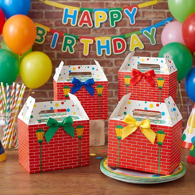 YooNotee 24 Pack Cartoon Themed Happy Birthday Party Gift Boxes Decorations Red Cartoon Candy Boxes with Bow Colorful Goodie Bags for Birthday Party Favors