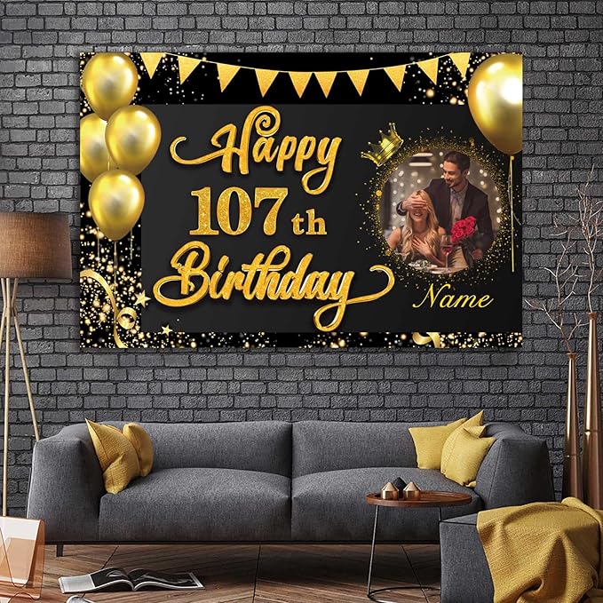 Custom Happy 107th Birthday Decorations Banner -107 Years Old Backdrop for Women Men Boys Girls - Personalization Party Supplies Black and Gold