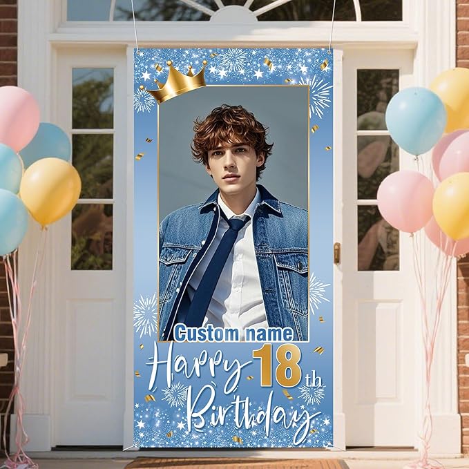 Personalized Happy Birthday Door Banner with Photo Custom Name Birthday Decorations Party Supplies for Women Men (Blue and Gold)