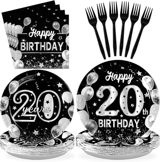 Grencian 96 Pcs 20th Black Silver Birthday Party Decorations for Men Women Disposable Happy 20 Birthday Plates and Napkins for 20 Years Old Party Favors Serves 24