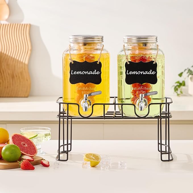 1 Gallon Glass Beverage Dispenser -Set of 2, Drink Dispenser with Stand & Fruit Infuser, Stainless Steel Spigot - Glass Drink Dispensers for Parties, Drink Dispensers with Lids for Lemonade Sun Tea