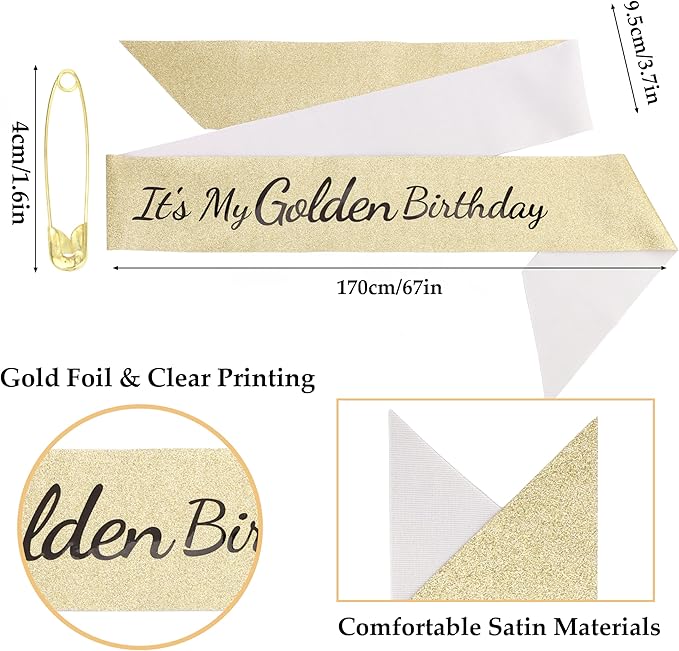 It's My Golden Birthday Sash - Gold Glitter with Black Foil Birthday Sash for Women Girls Funny Party Favor Supplies Accessories