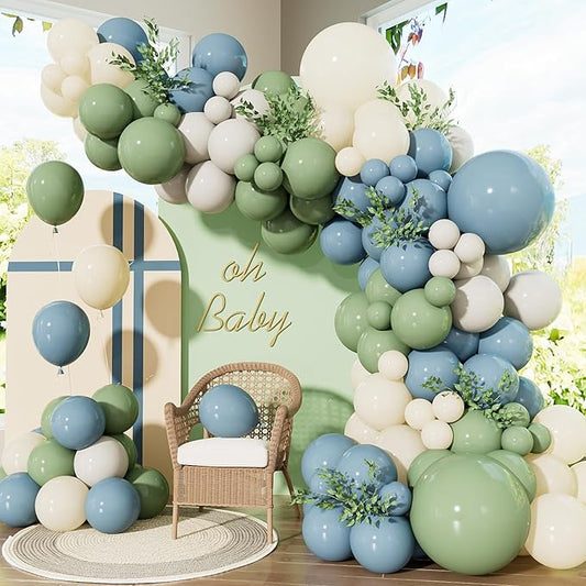 Dusty Blue Sage Green Balloon Arch Kit - Sage Green and White Balloons Dusty Blue Latex Balloon Sand WhiteParty Balloons for Baby Shower Birthday Wedding Jungle Safari Party Decorations, 143Pcs